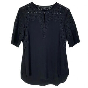 Theory Eyelet Top Blouse Womens Small Black Embroidered Shirt Tunic Short Sleeve